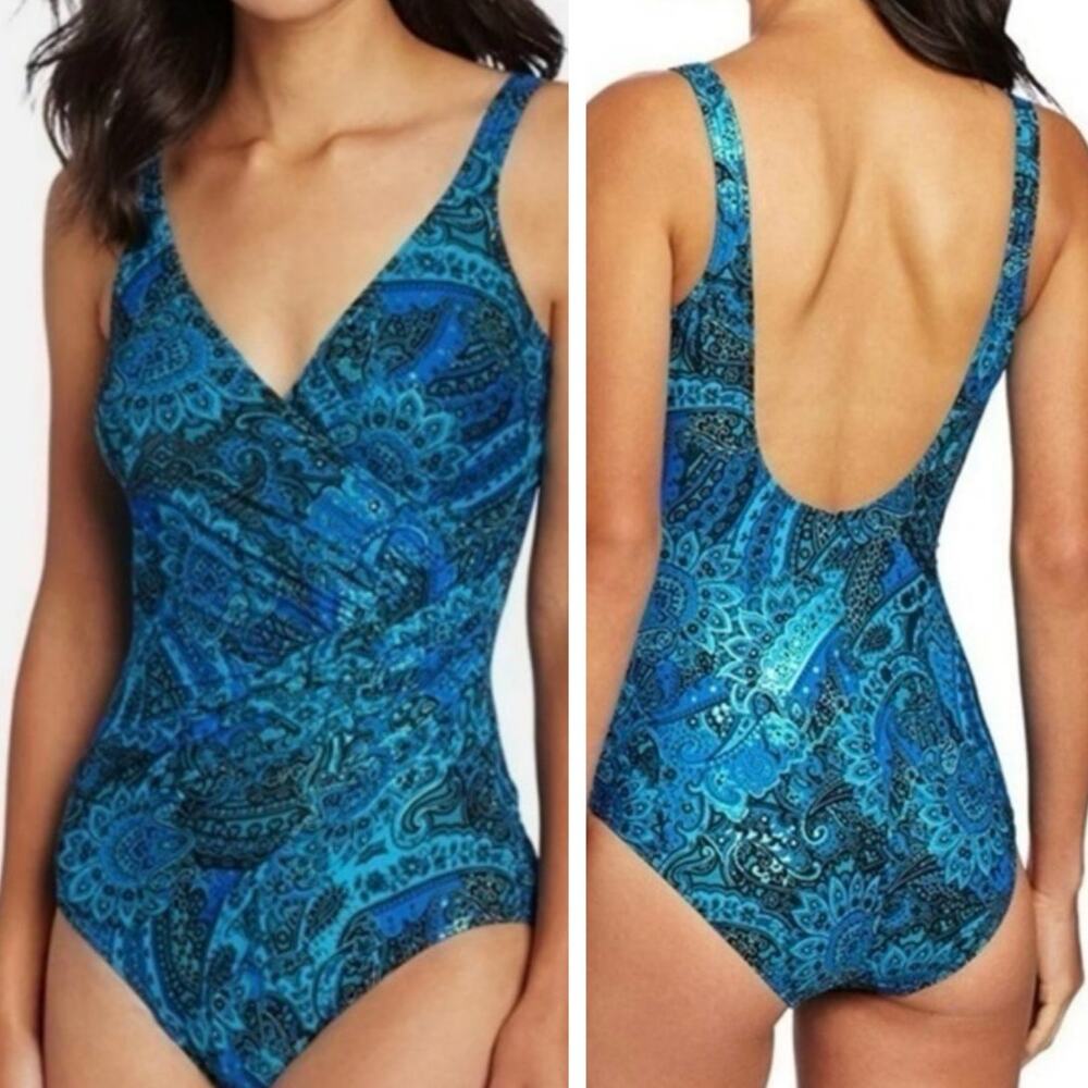 Miraclesuit Oceanus One Piece Swimsuit 10 Paisley Blue Beach Vacation Metallic